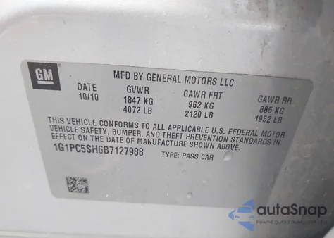 2011 Chevrolet Cruze Ls z USA, uszkodzony, nr VIN 1G1PC5SH6B7127988